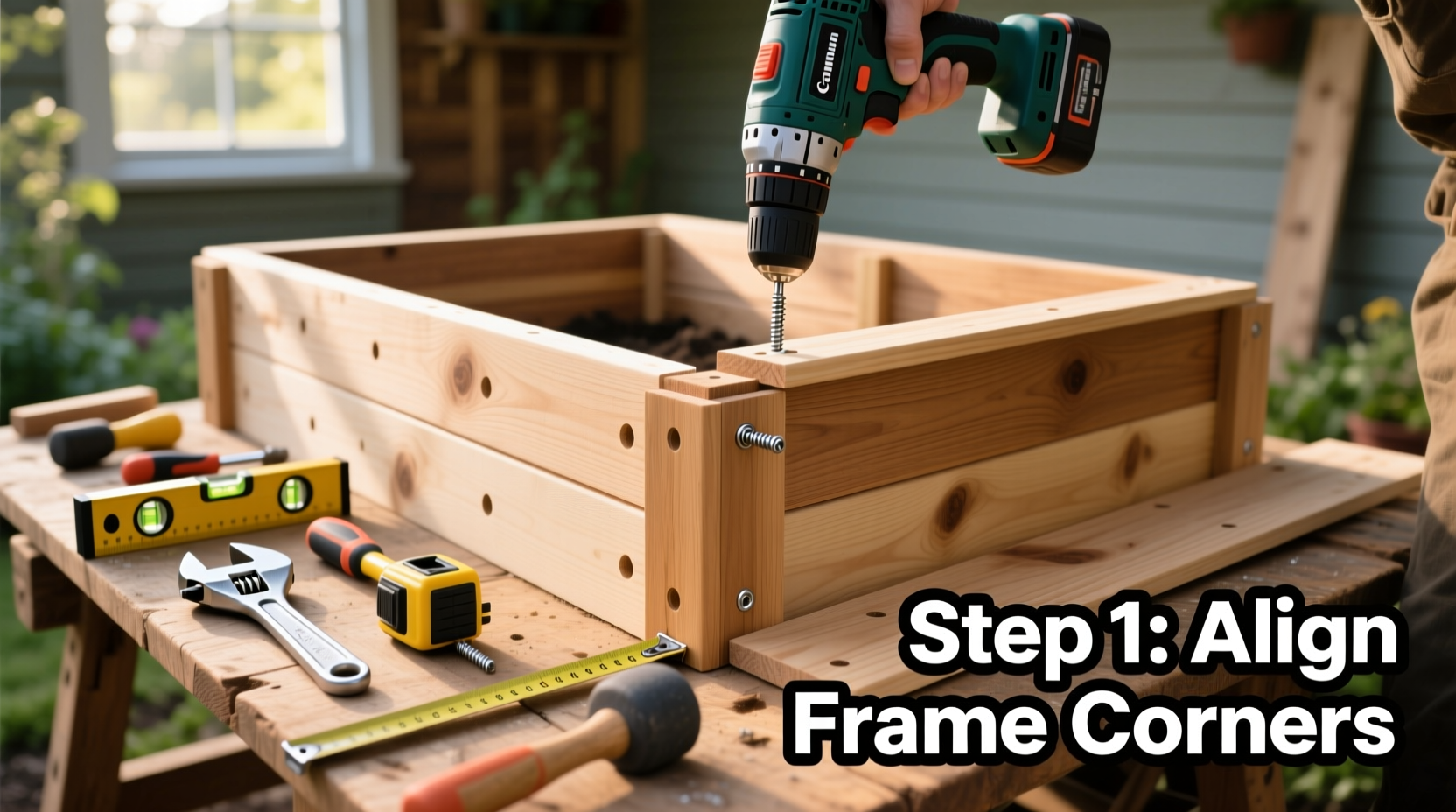 Step-by-step gardening box assembly with tools