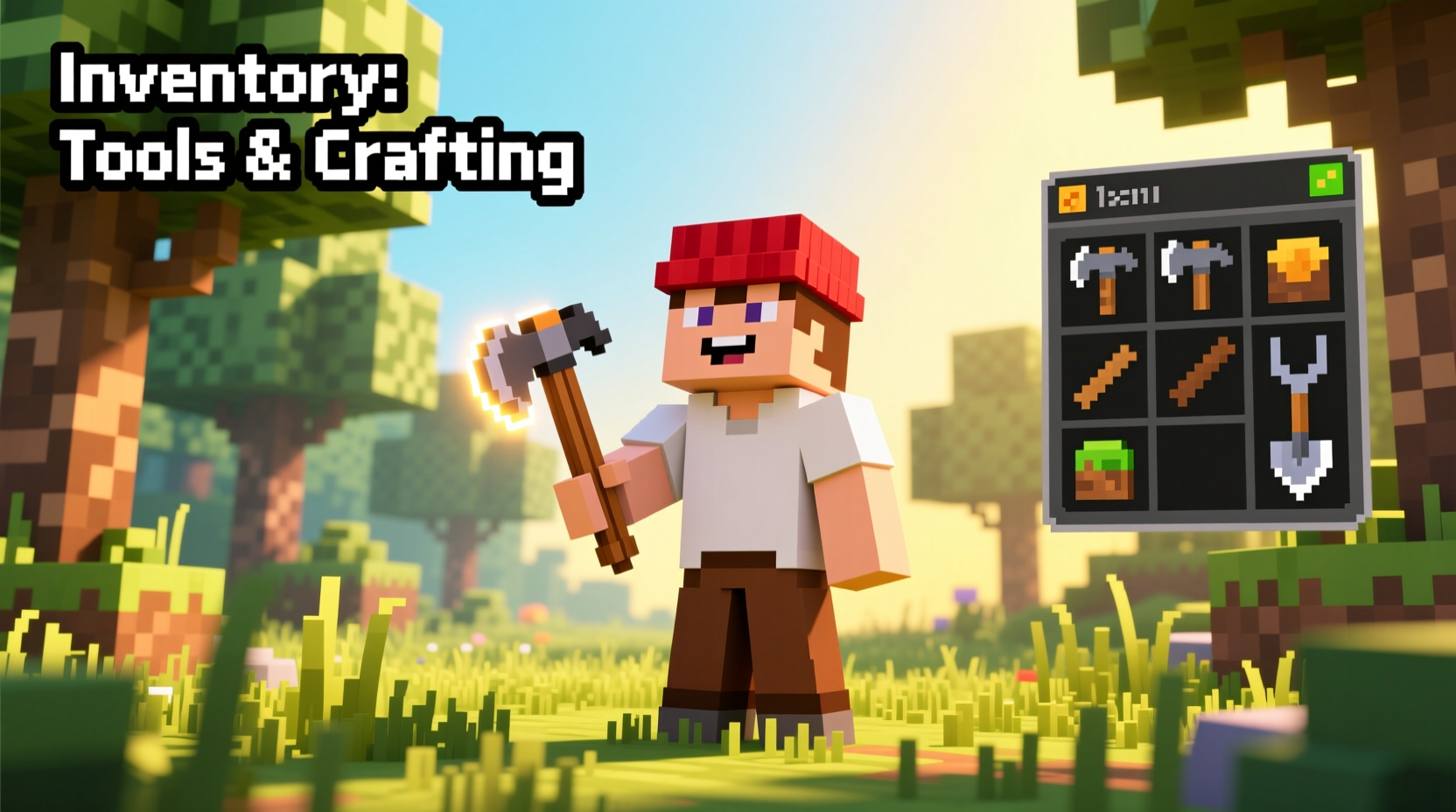 Minecraft player holding crafted sticks with tools in inventory
