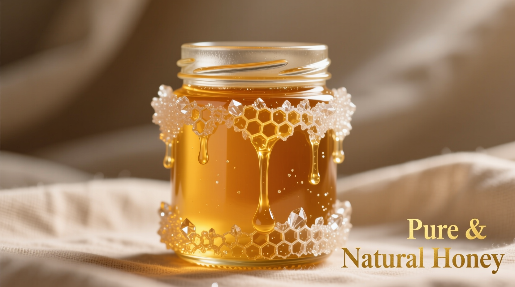 Honey jar with golden liquid and crystallized edges