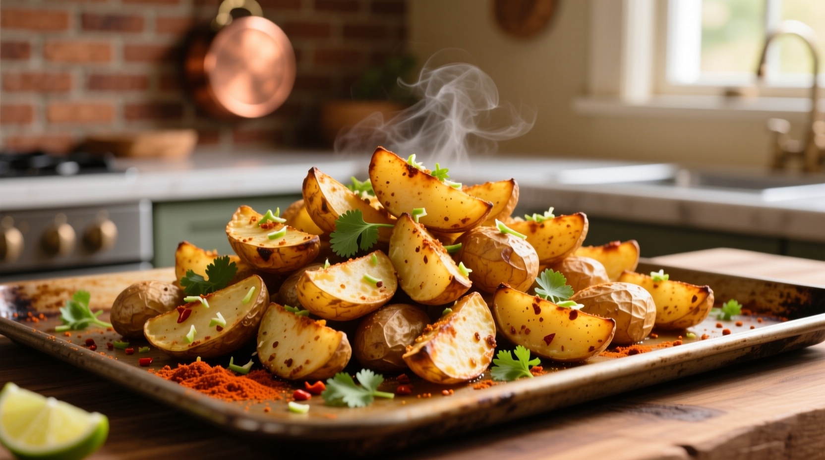 Crispy golden taco seasoned potatoes on baking sheet