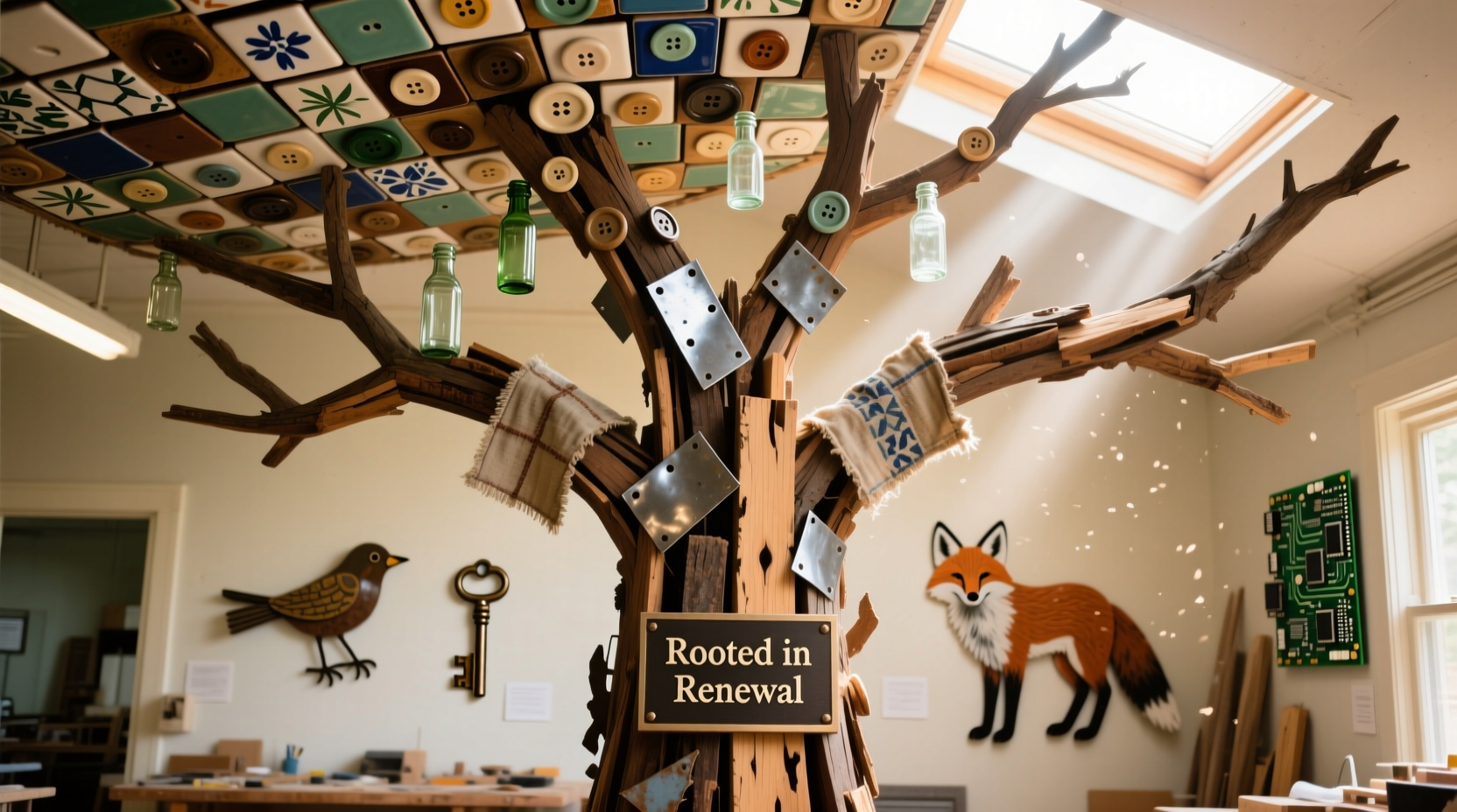 Community art installation made from upcycled materials at craft studio