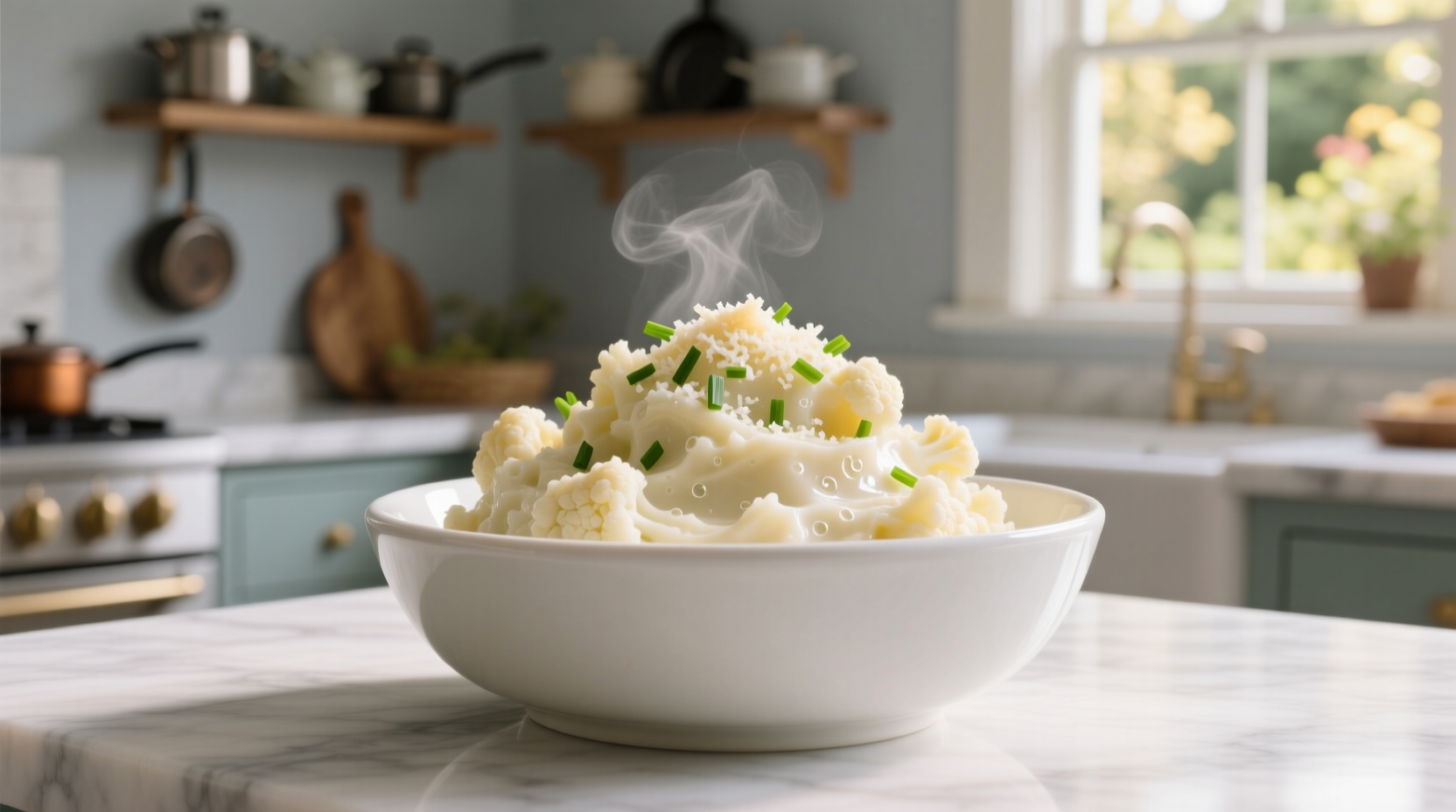 Creamy keto mashed cauliflower in white bowl