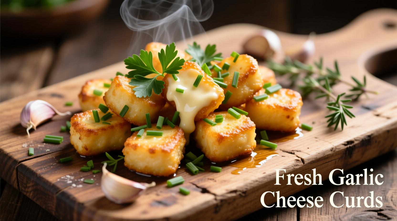 Fresh garlic cheese curds with herbs on wooden board