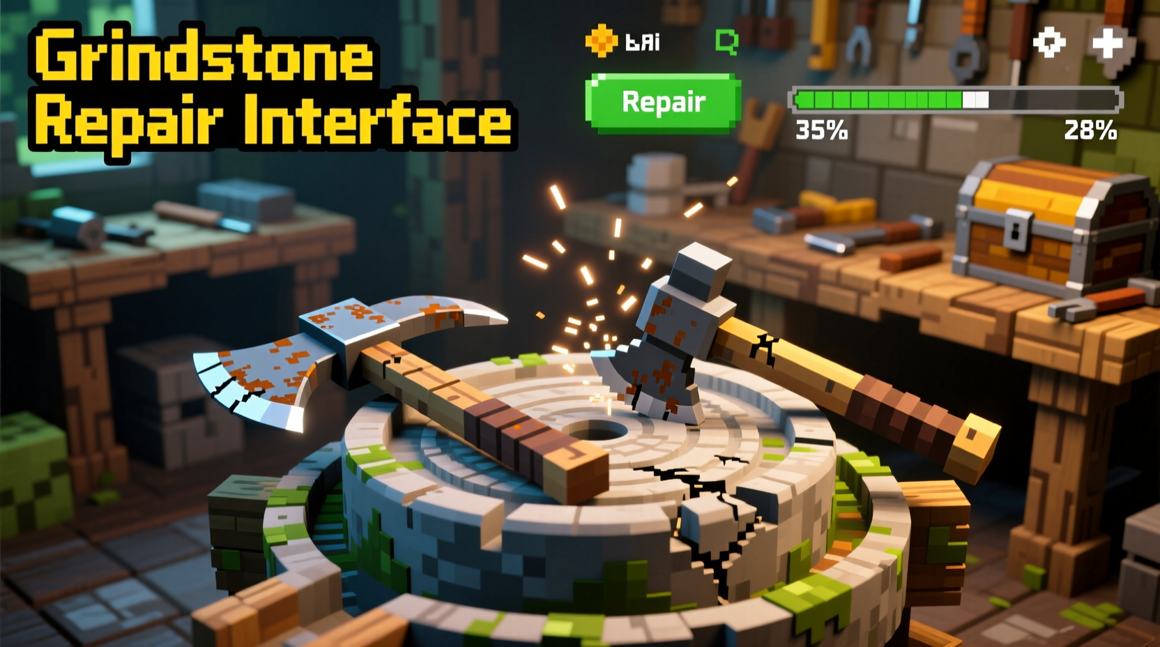 Minecraft grindstone repair interface showing two damaged pickaxes