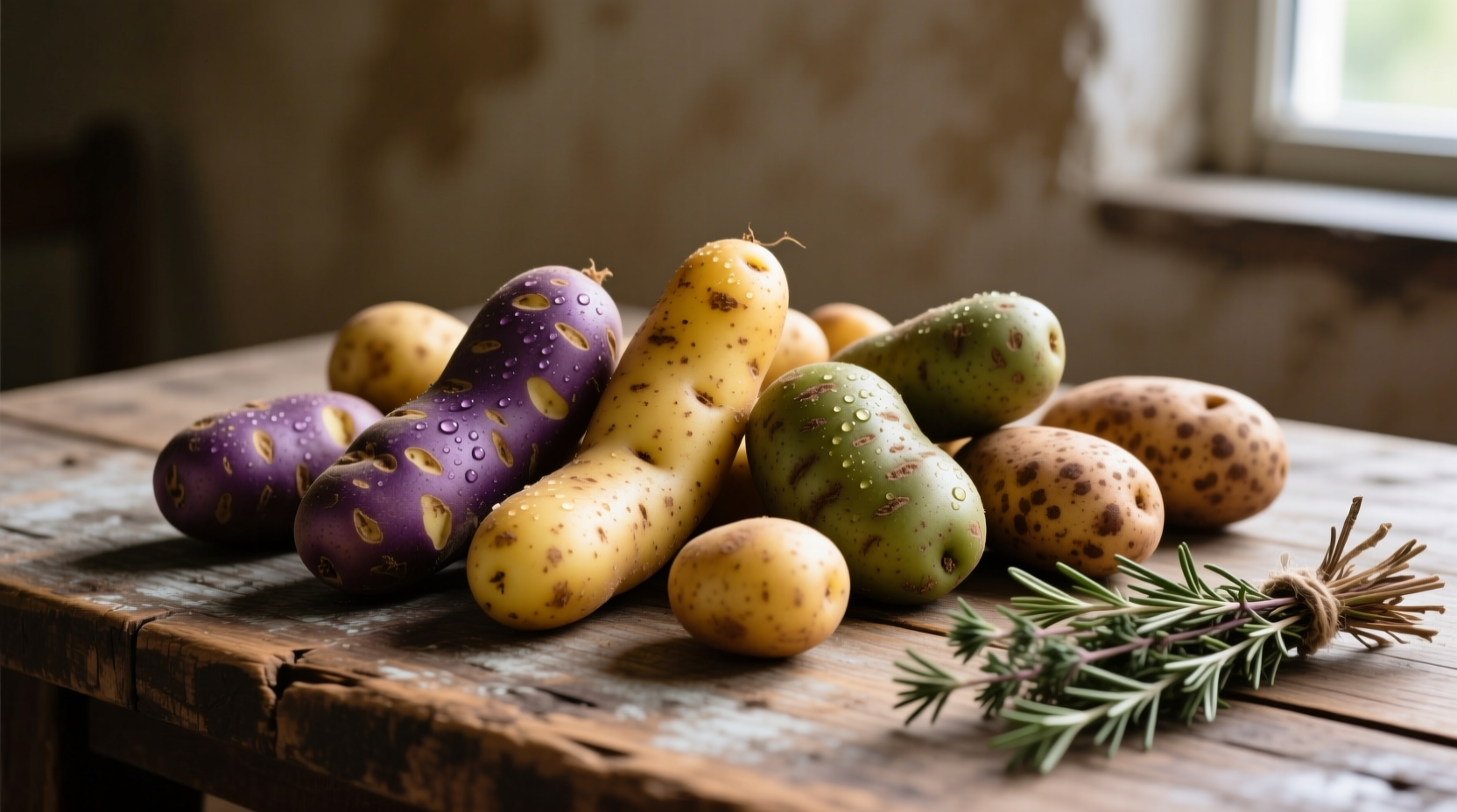 Various fingerling potato varieties on wooden table