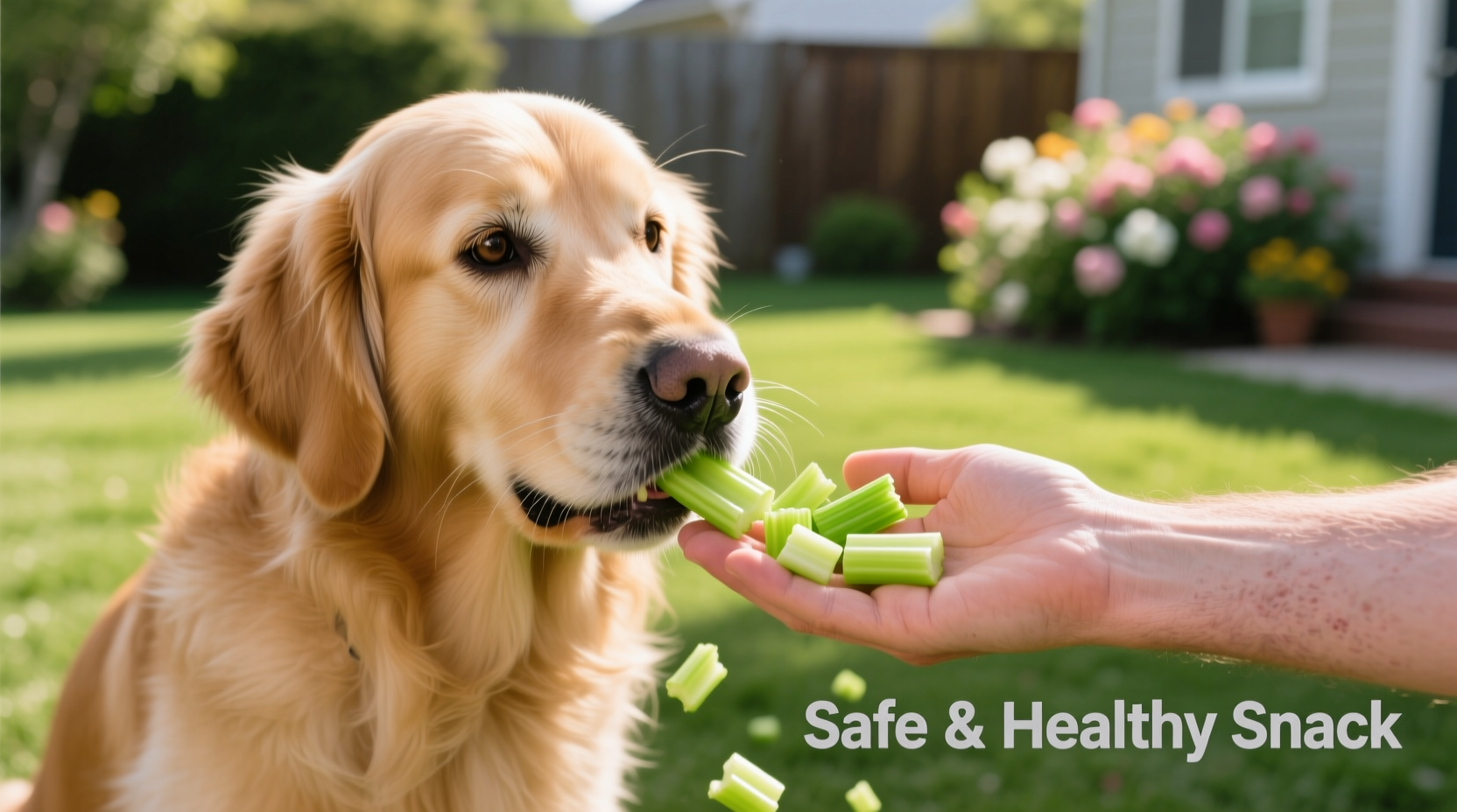 Dog safely eating chopped celery pieces from owner's hand