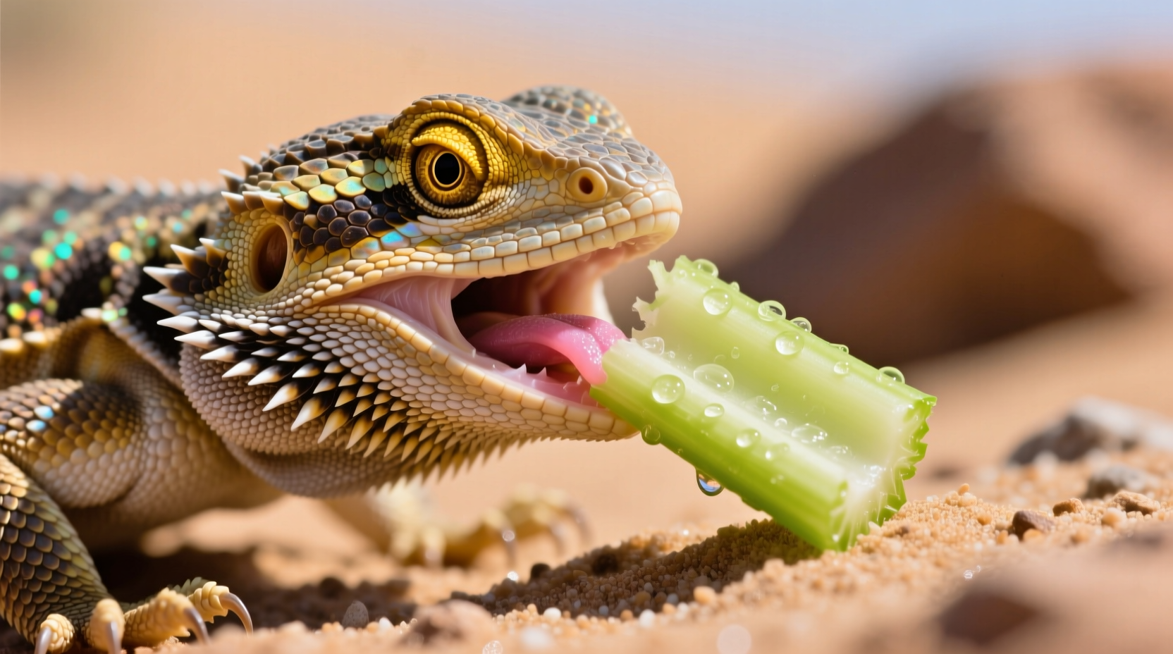 Bearded dragon eating small piece of chopped celery
