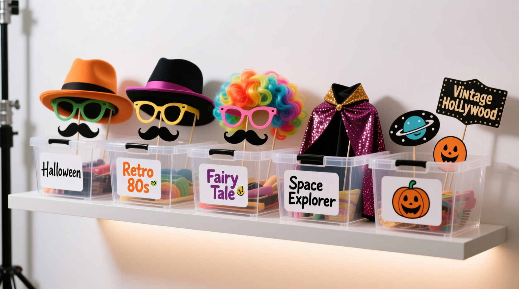 Well-organized photo booth props in themed bins