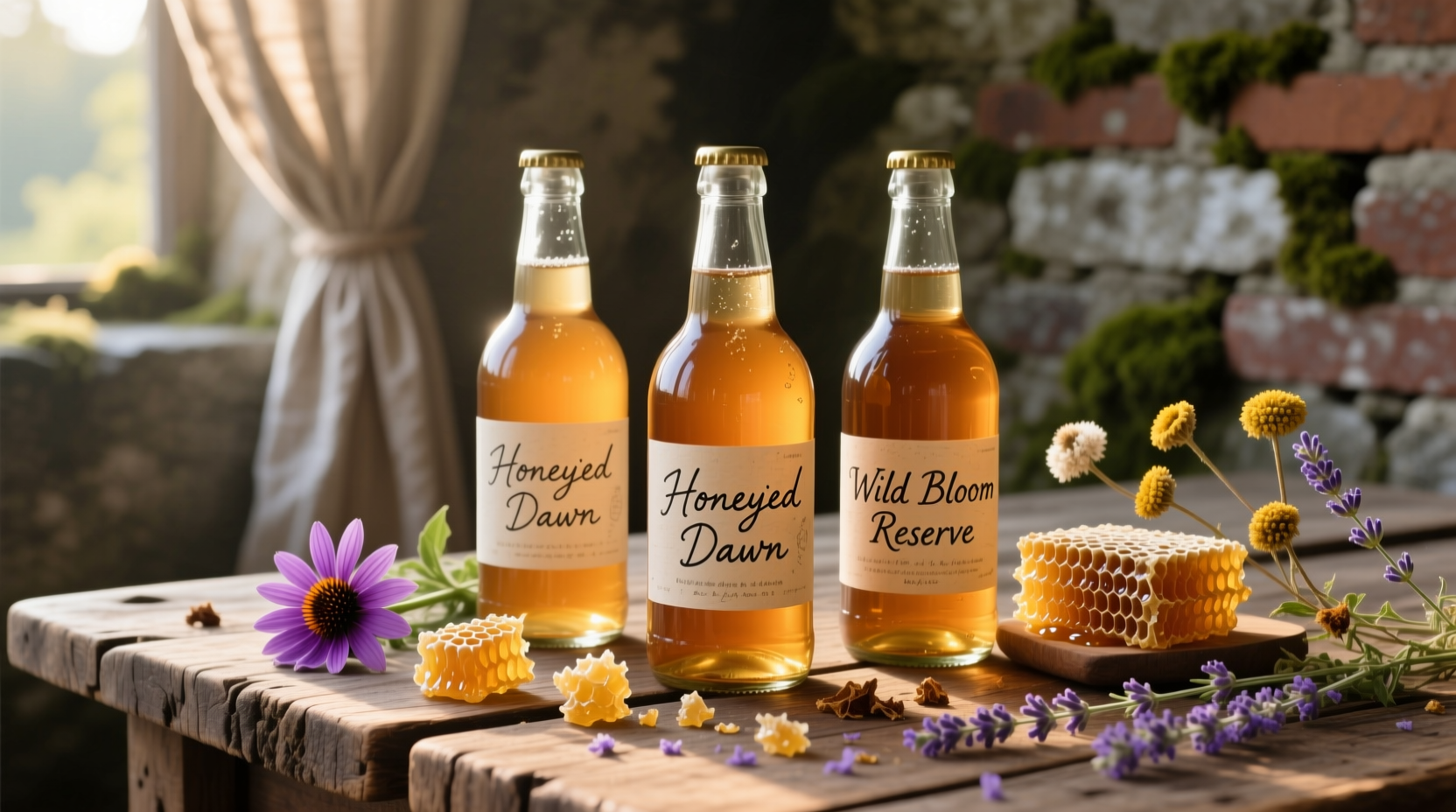 Artisan mead bottles with honeycomb and wildflowers