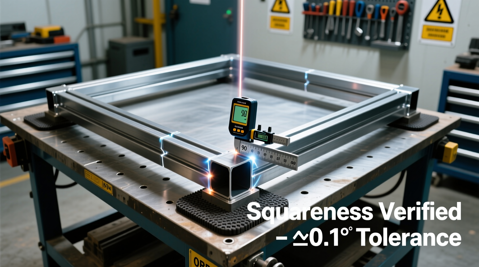 Welding table frame assembly with squareness verification