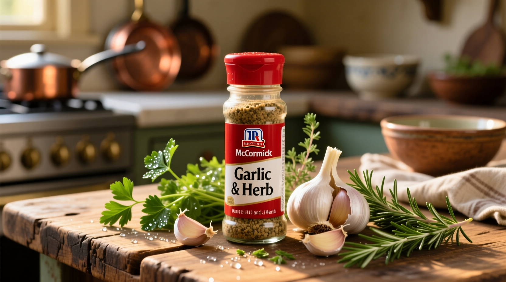 McCormick Garlic and Herb seasoning bottle next to fresh garlic and herbs