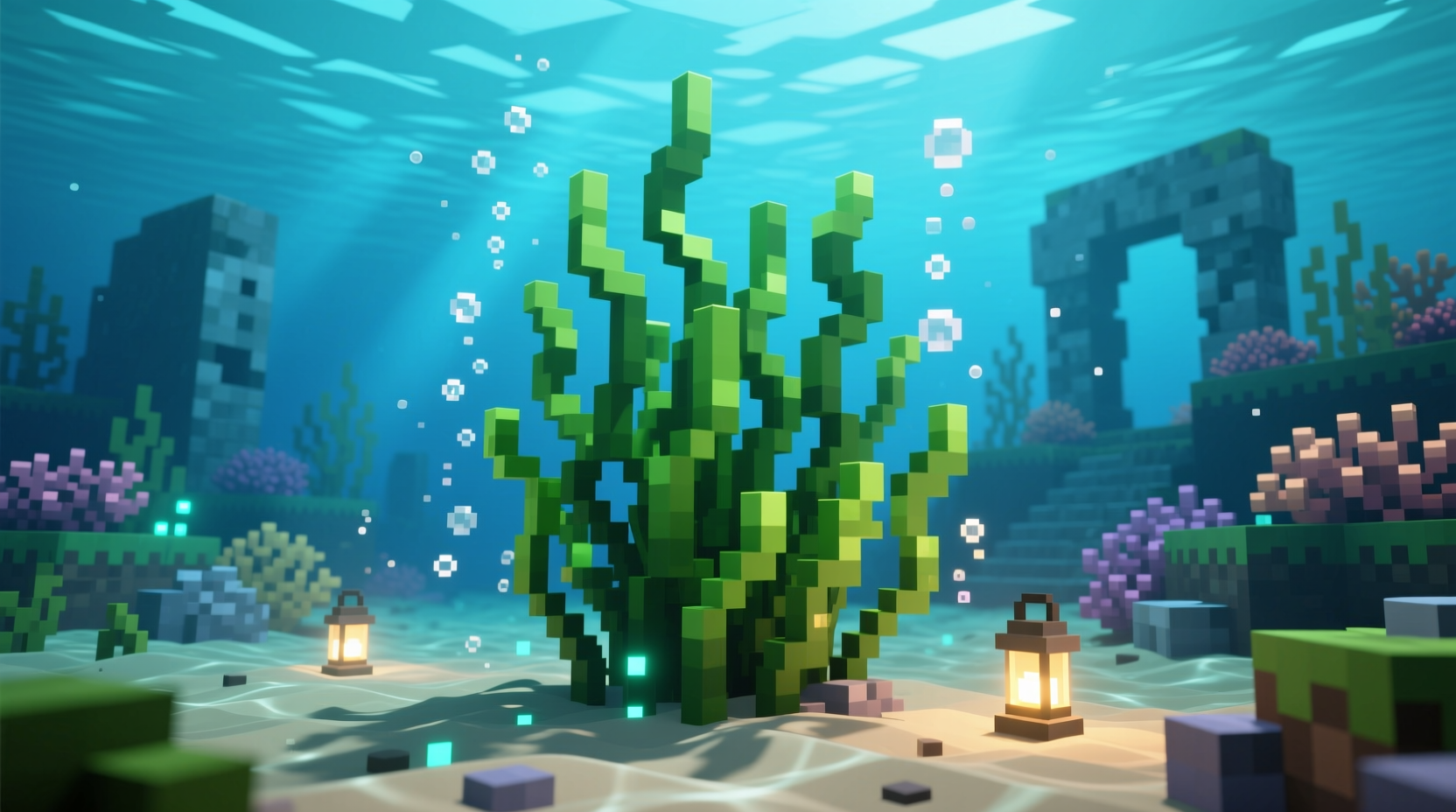 Raw kelp growing in Minecraft ocean