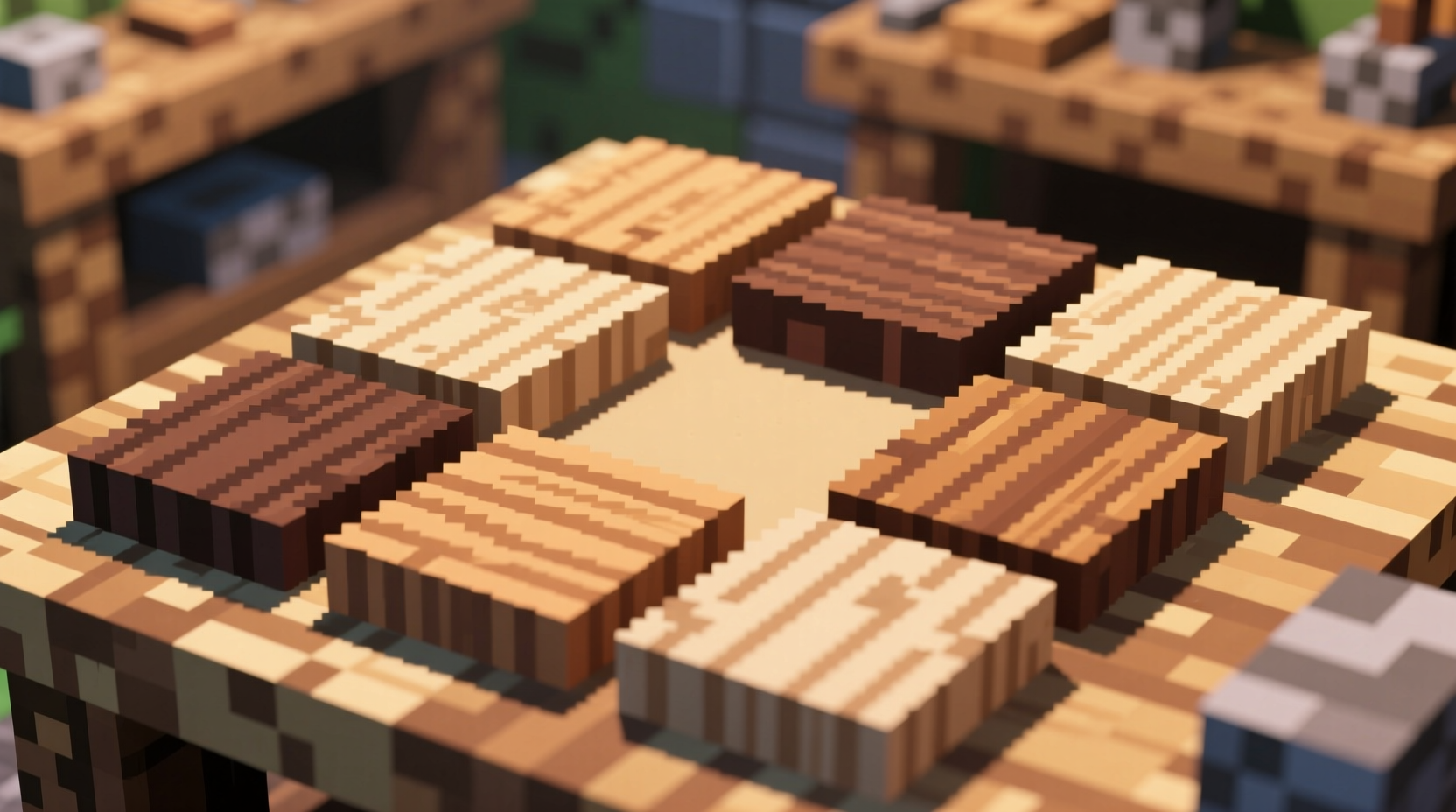 Minecraft crafting grid showing 8 wood planks arranged in U-shape