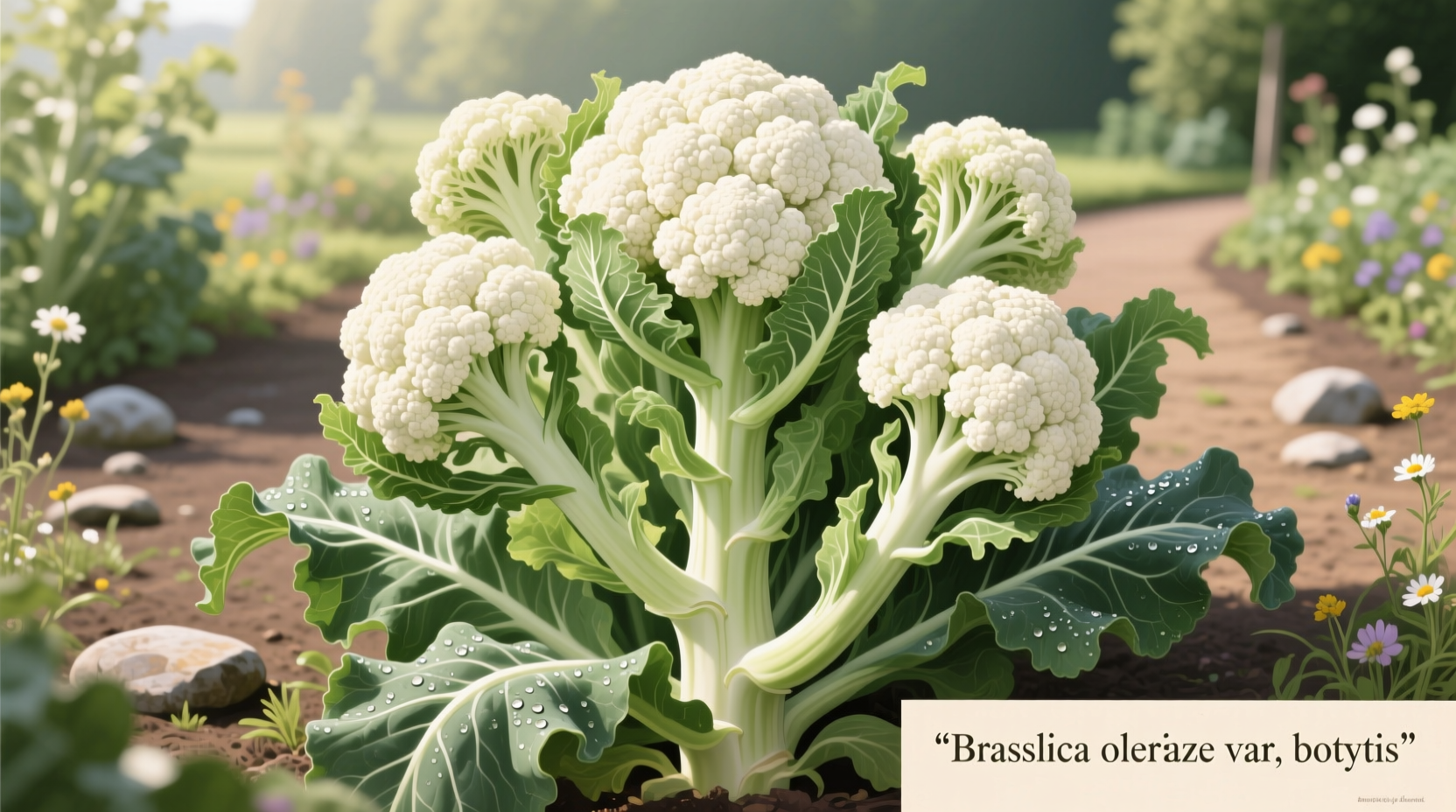 Cauliflower plants growing in garden with healthy white heads