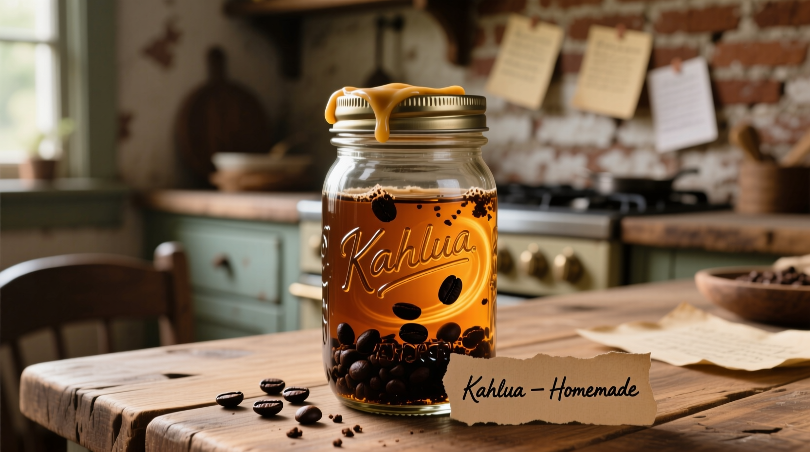 Homemade Kahlua in mason jar with coffee beans