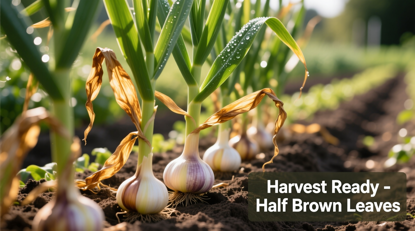 Garlic plants showing ideal harvest timing with half brown leaves