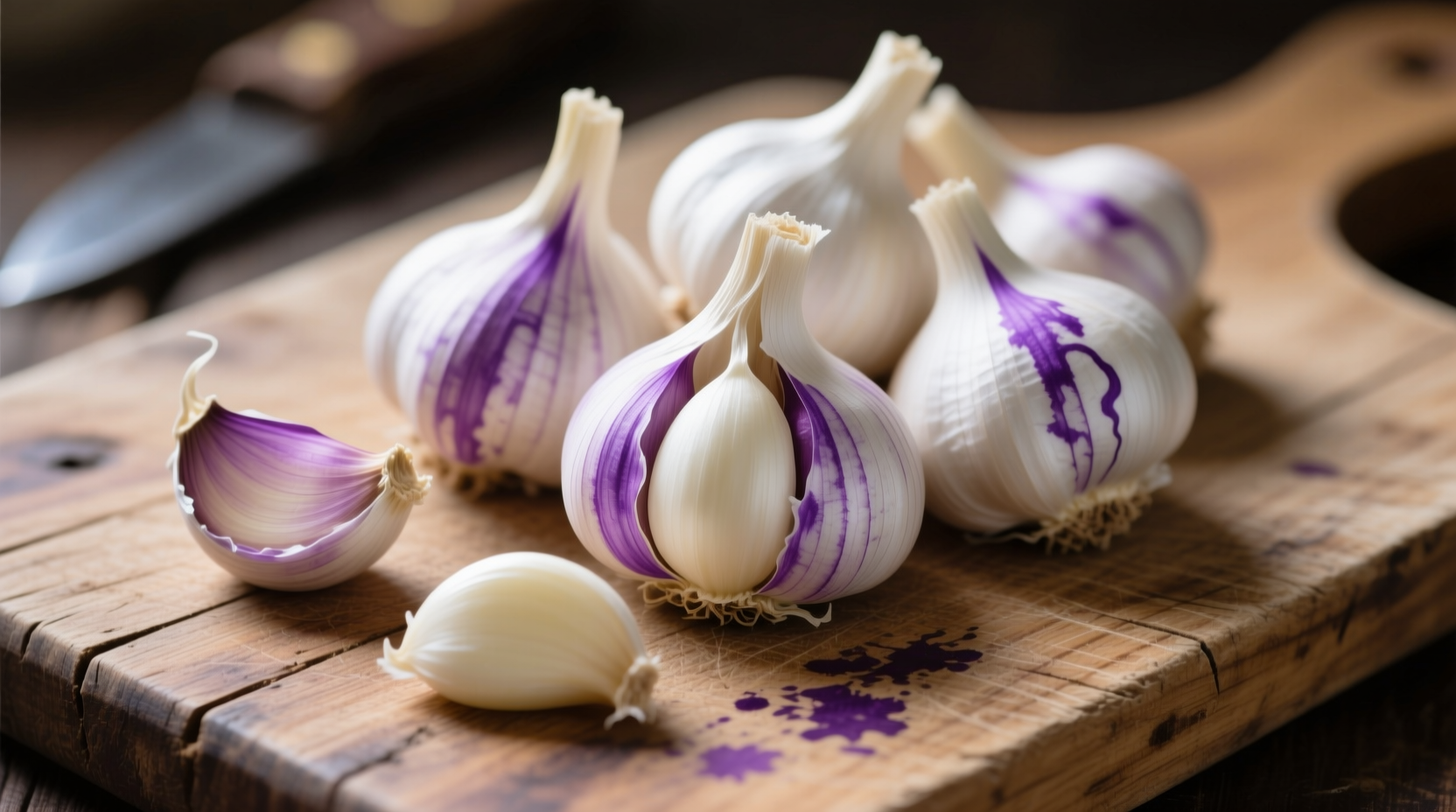 Joppa garlic bulbs with purple streaks on wooden cutting board