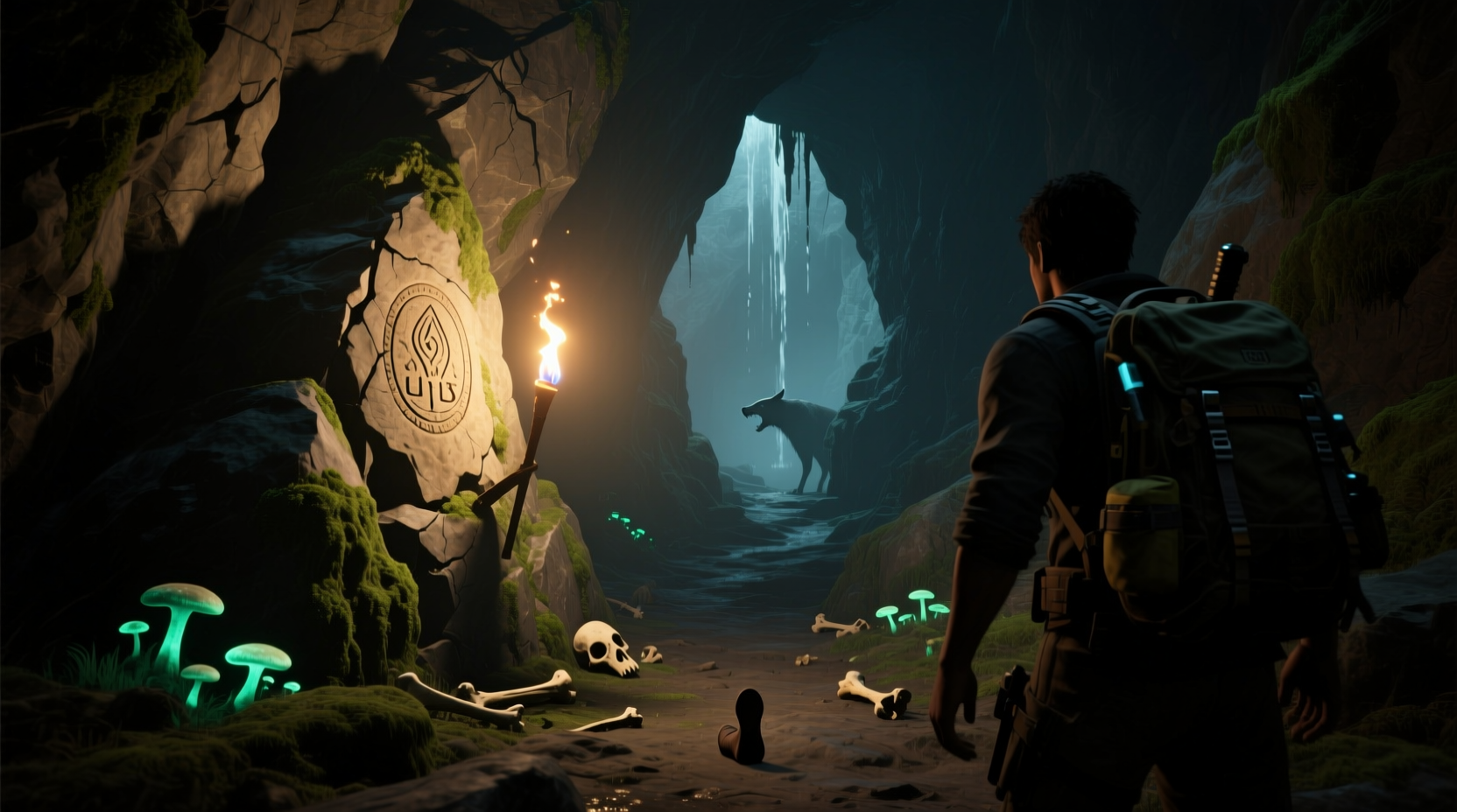 Electric torch lighting cave system in The Forest game