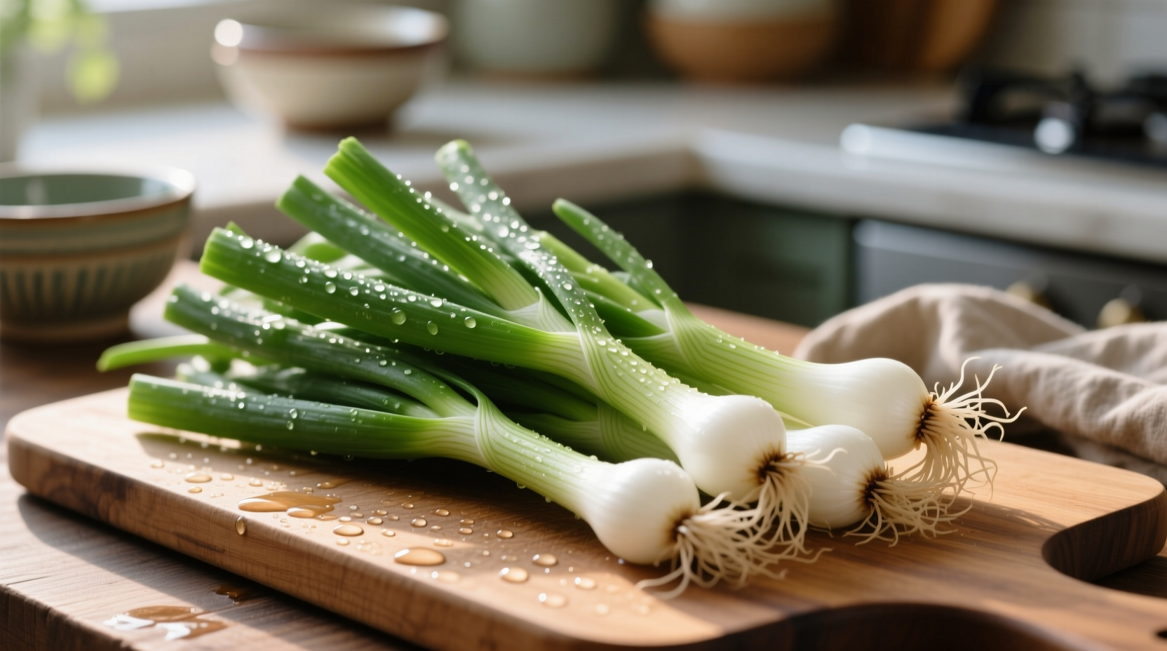 Fresh spring onions with green stalks and white bulbs