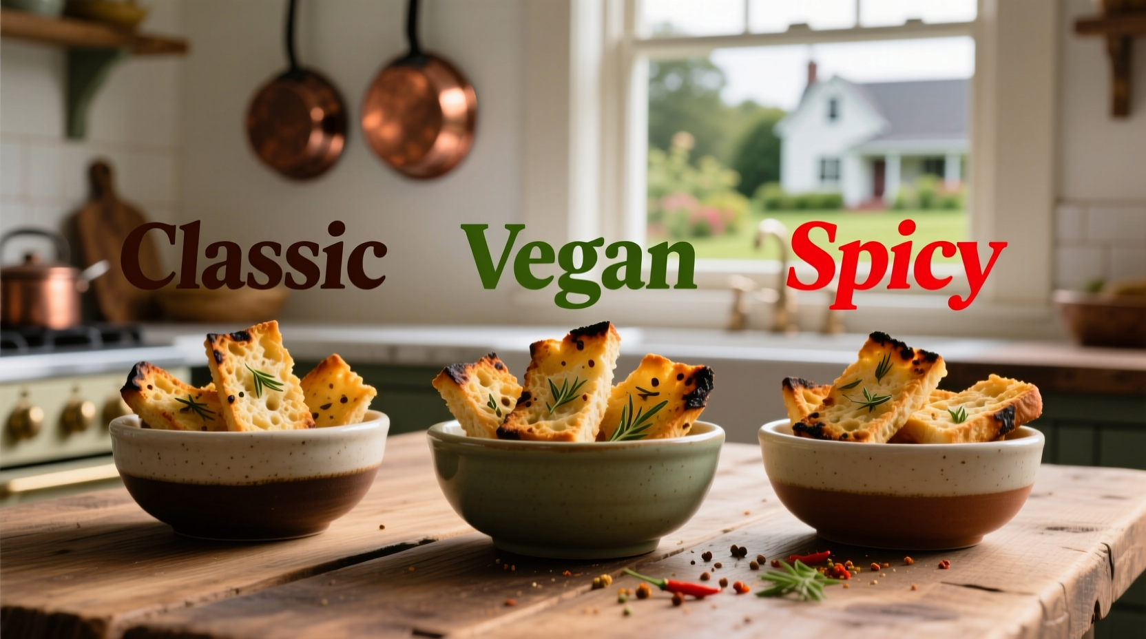 Three crouton variations in small bowls: classic, vegan, spicy