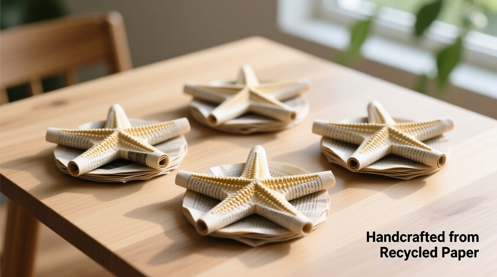 Five-pointed starfish coasters made from rolled newspaper