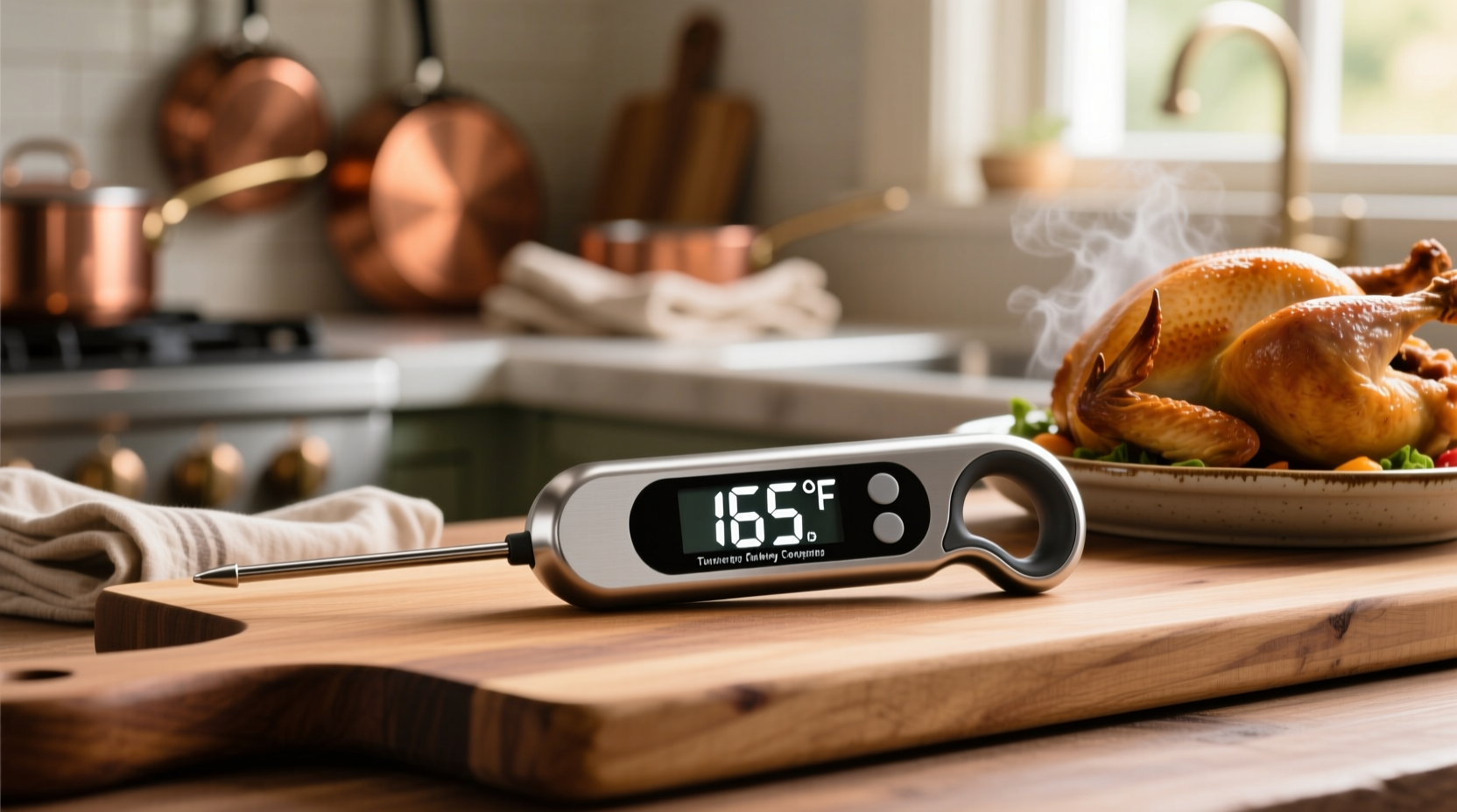 Turkey cooking thermometer showing safe internal temperature