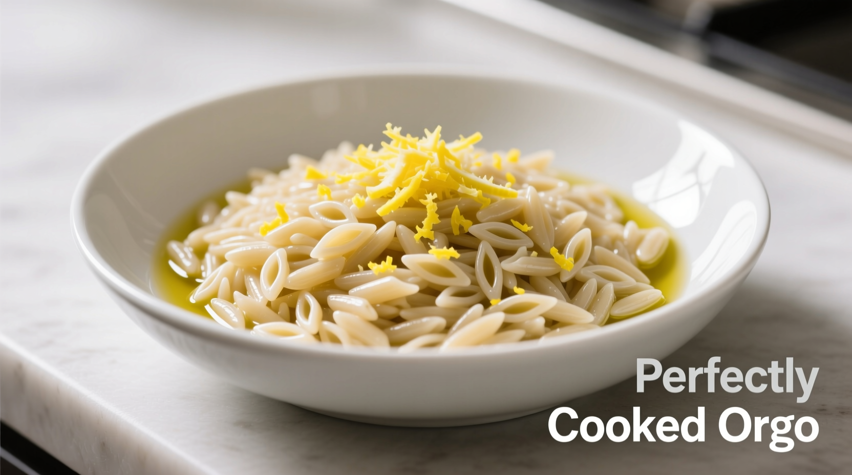 Perfectly cooked orzo in white bowl with lemon zest