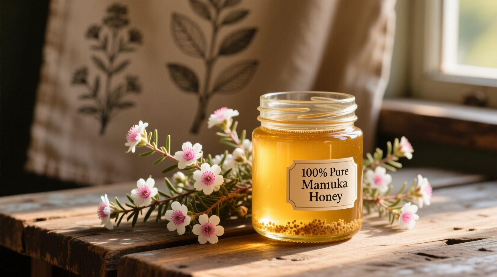 Golden manuka honey in jar with manuka flowers