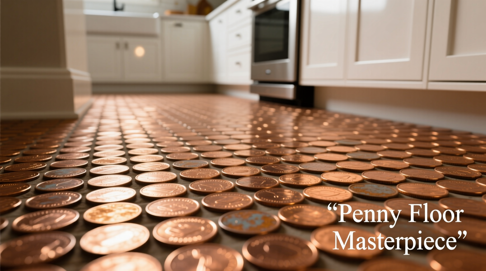 Finished penny floor in kitchen showing detailed copper coin arrangement