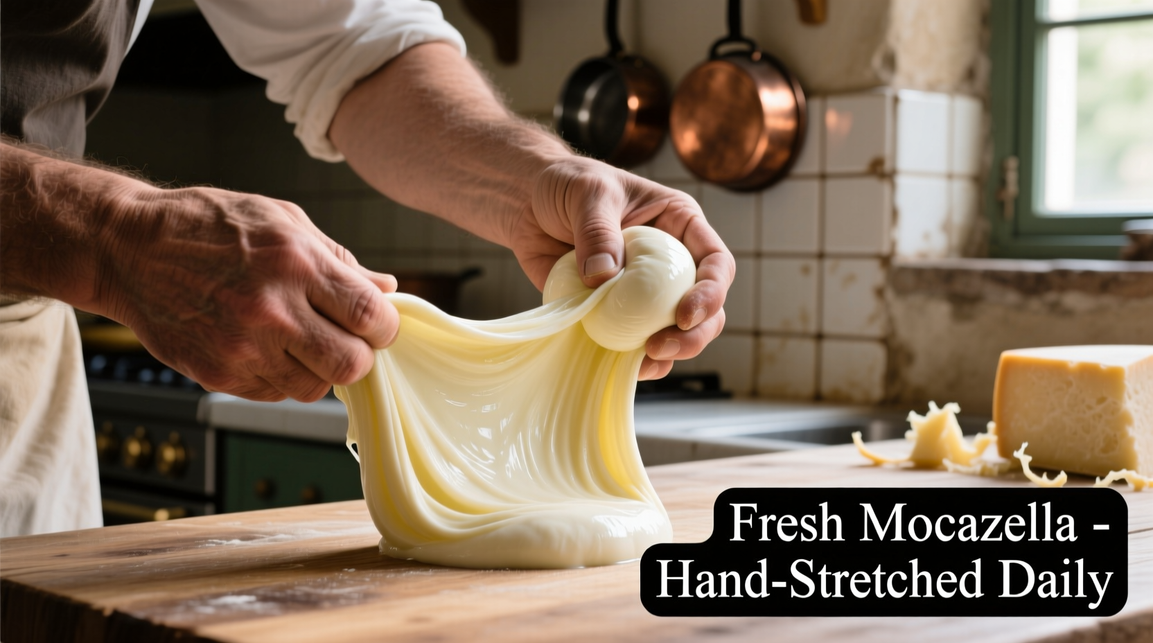 Hands stretching fresh mozzarella curd