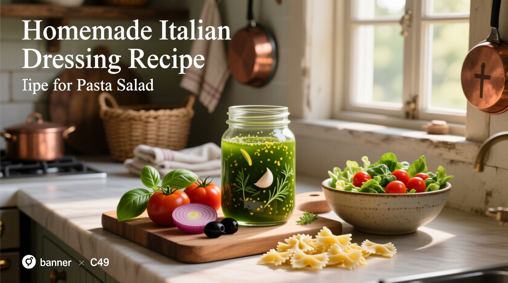 Glass jar filled with golden homemade Italian dressing featuring olive oil, herbs, and spices