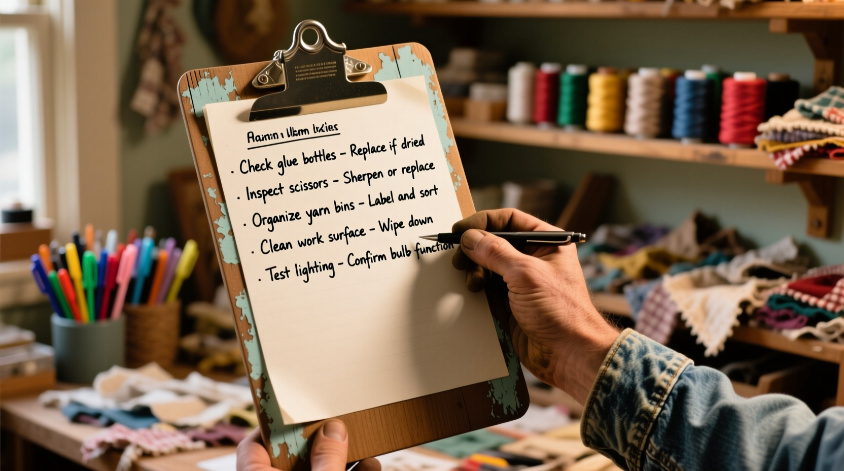 Craft room maintenance checklist on clipboard