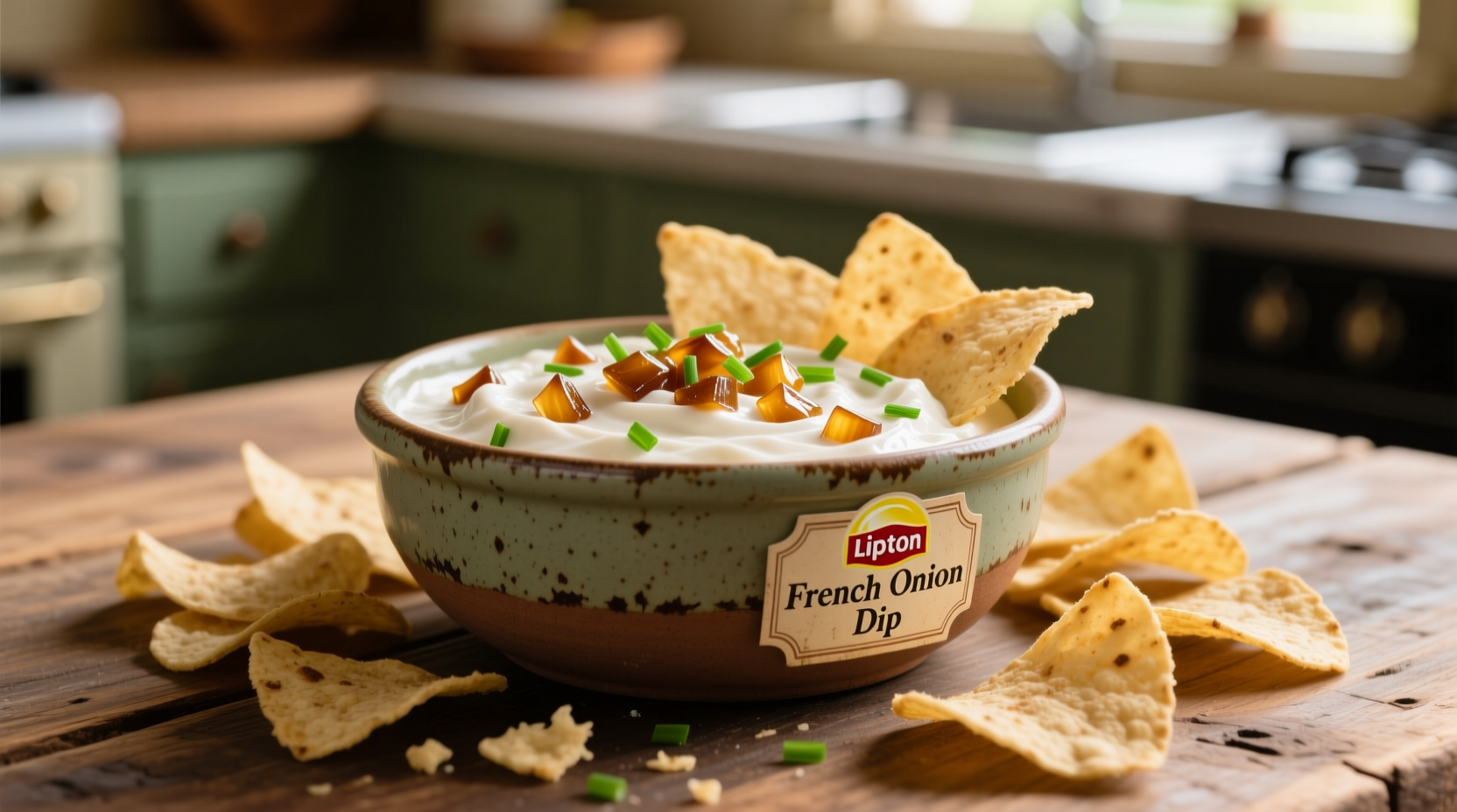 Classic Lipton French onion dip in serving bowl with chips