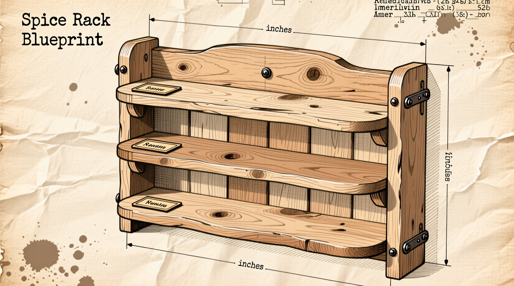 Reclaimed wood spice rack blueprint with measurements