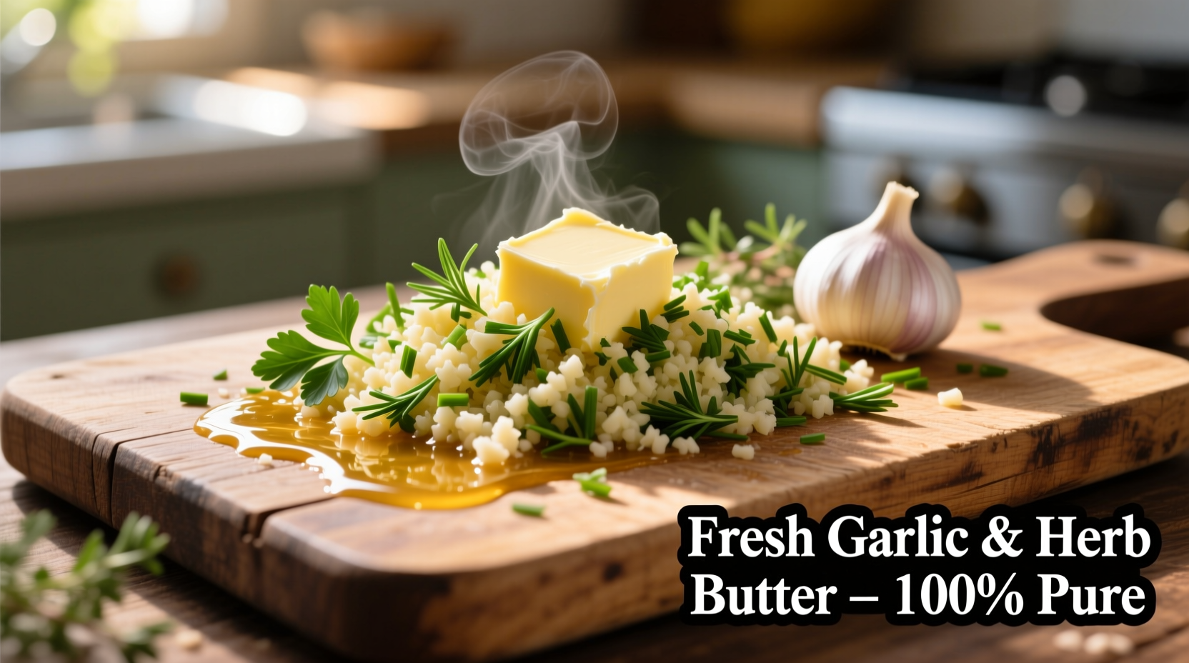 Fresh garlic cloves minced with butter and herbs on wooden board