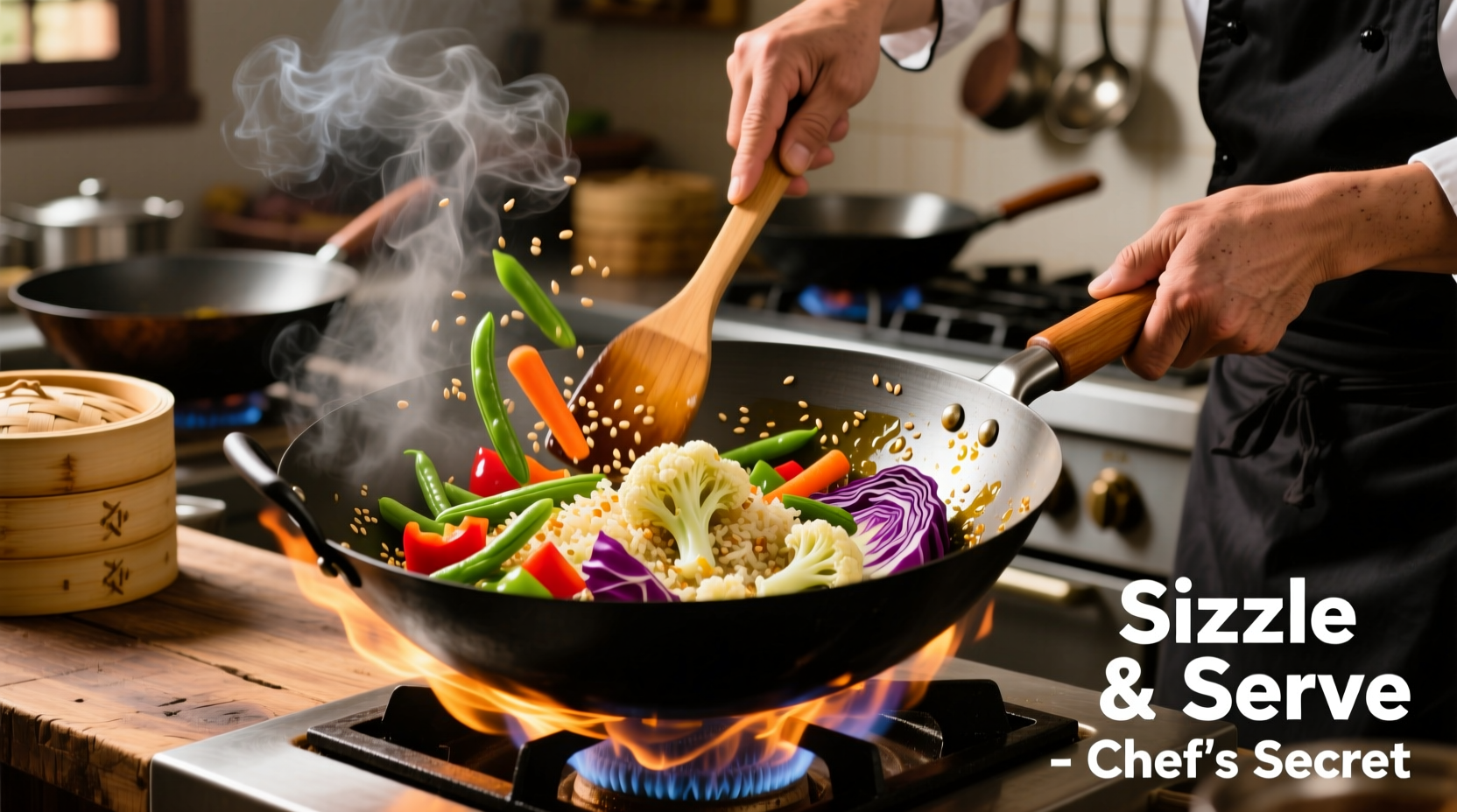 Chef stir-frying cauliflower rice in wok with vibrant vegetables
