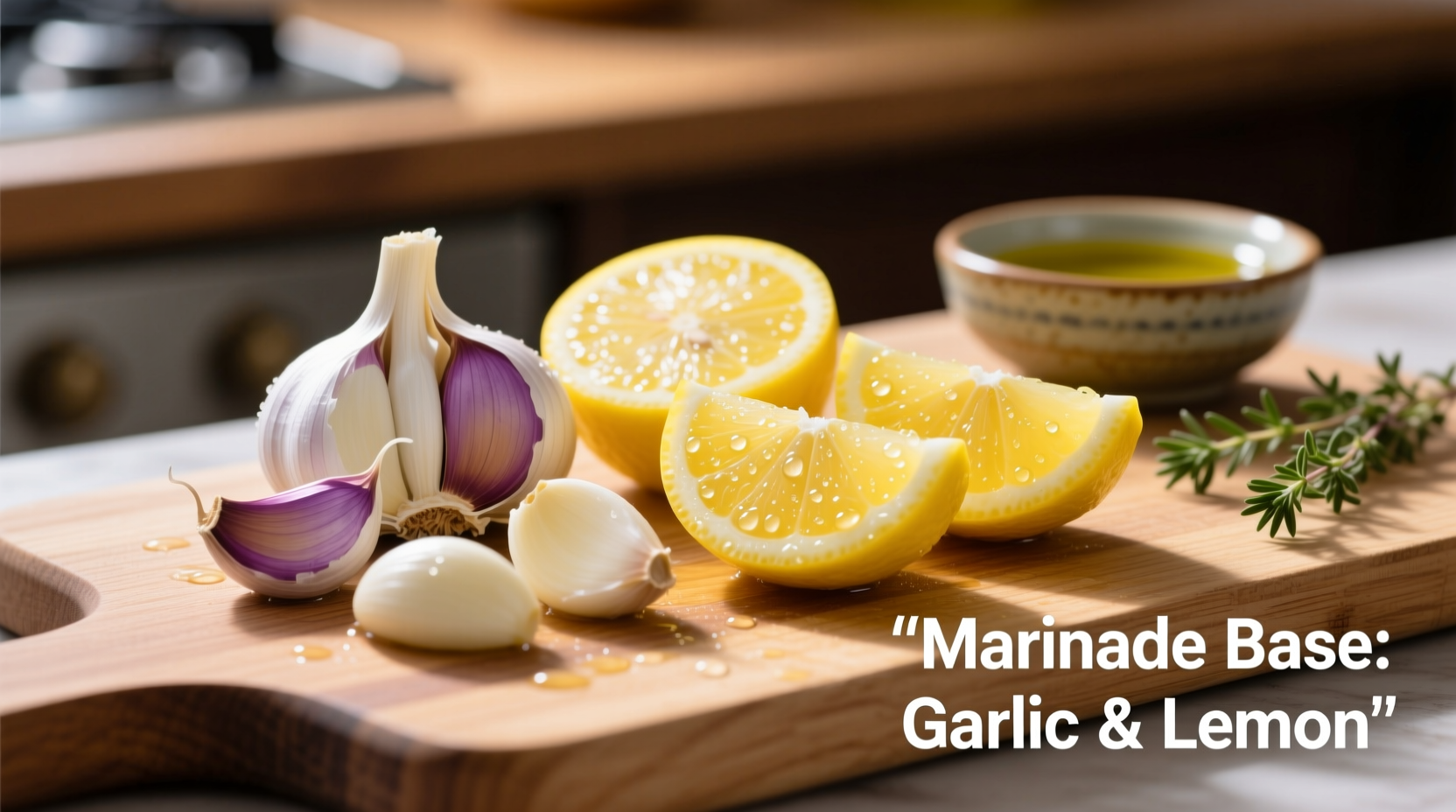 Fresh garlic and lemon ingredients for chicken marinade