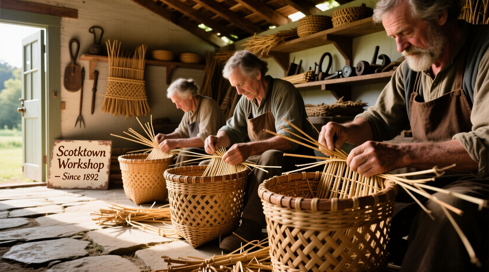 Artisans weaving baskets from reclaimed river reeds at Scotchtown workshop