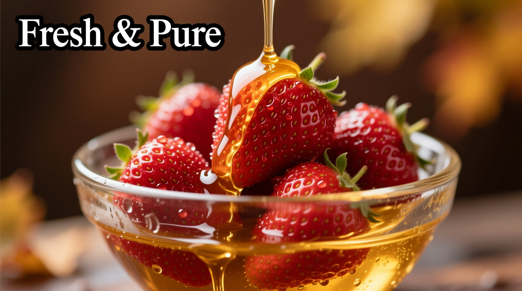 Fresh strawberries drizzled with golden honey in glass bowl