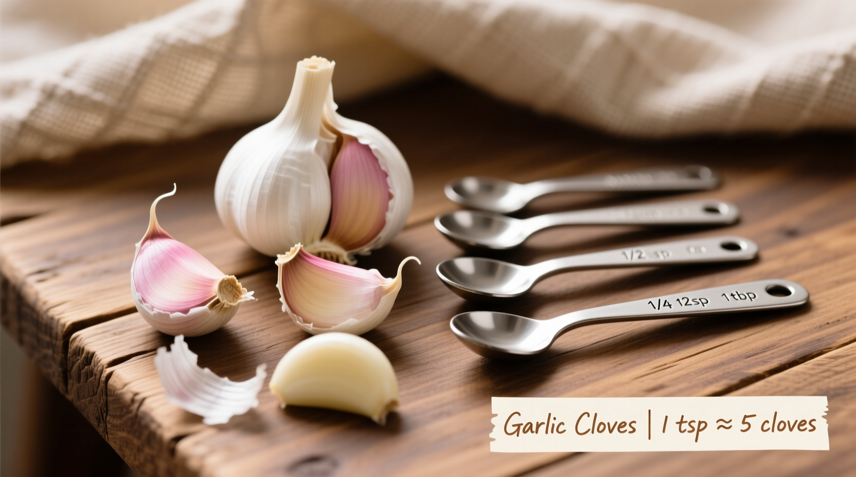 Four peeled garlic cloves next to measuring spoons