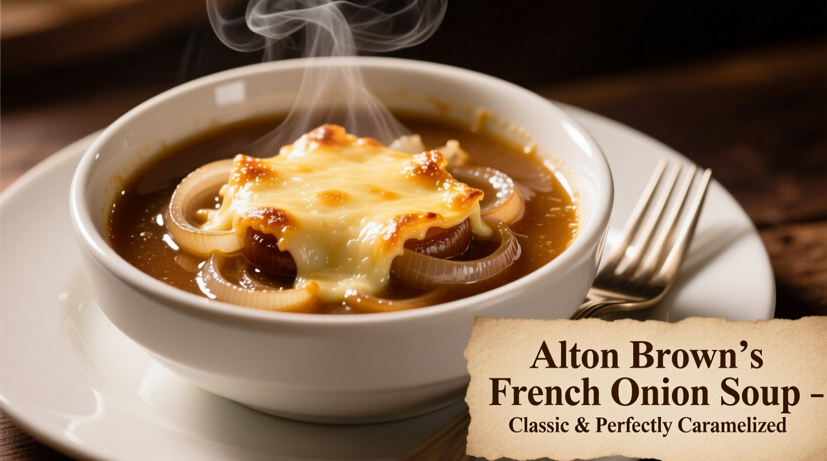 Alton Brown's French onion soup in white bowl with melted cheese topping