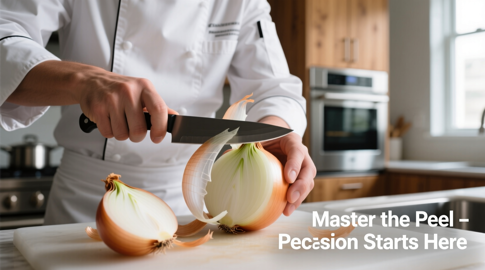 Chef demonstrating proper onion skin removal technique