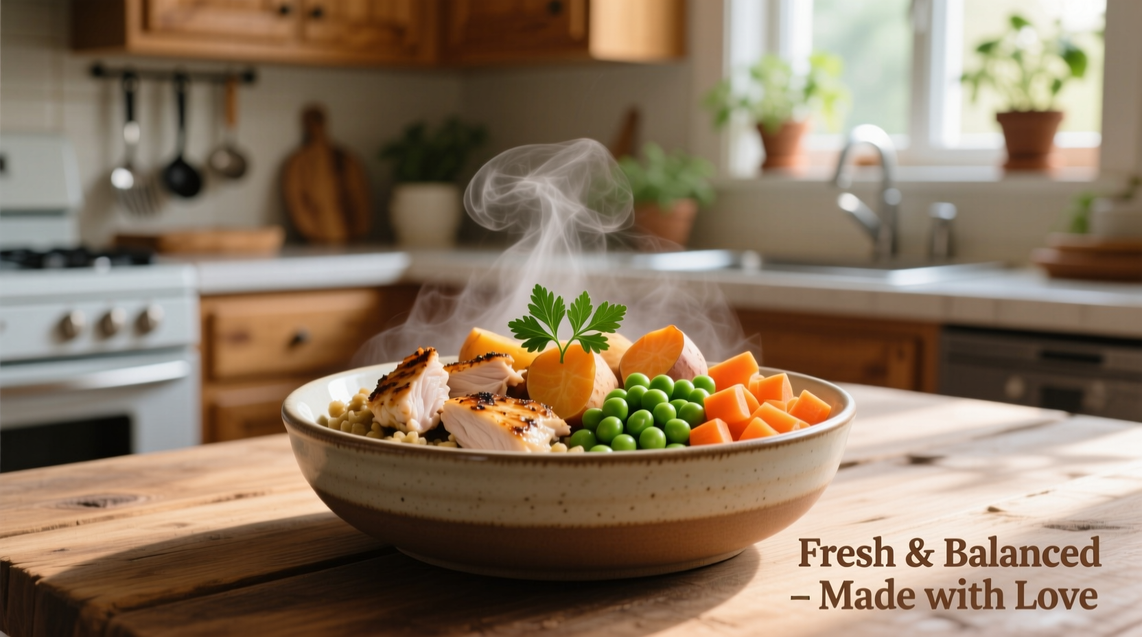 Properly portioned homemade dog meal in bowl