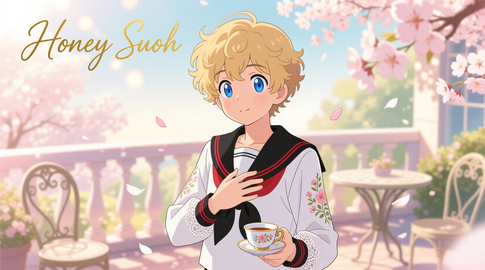 Anime character Honey Senpai holding a cake with honey in Ouran High School Host Club