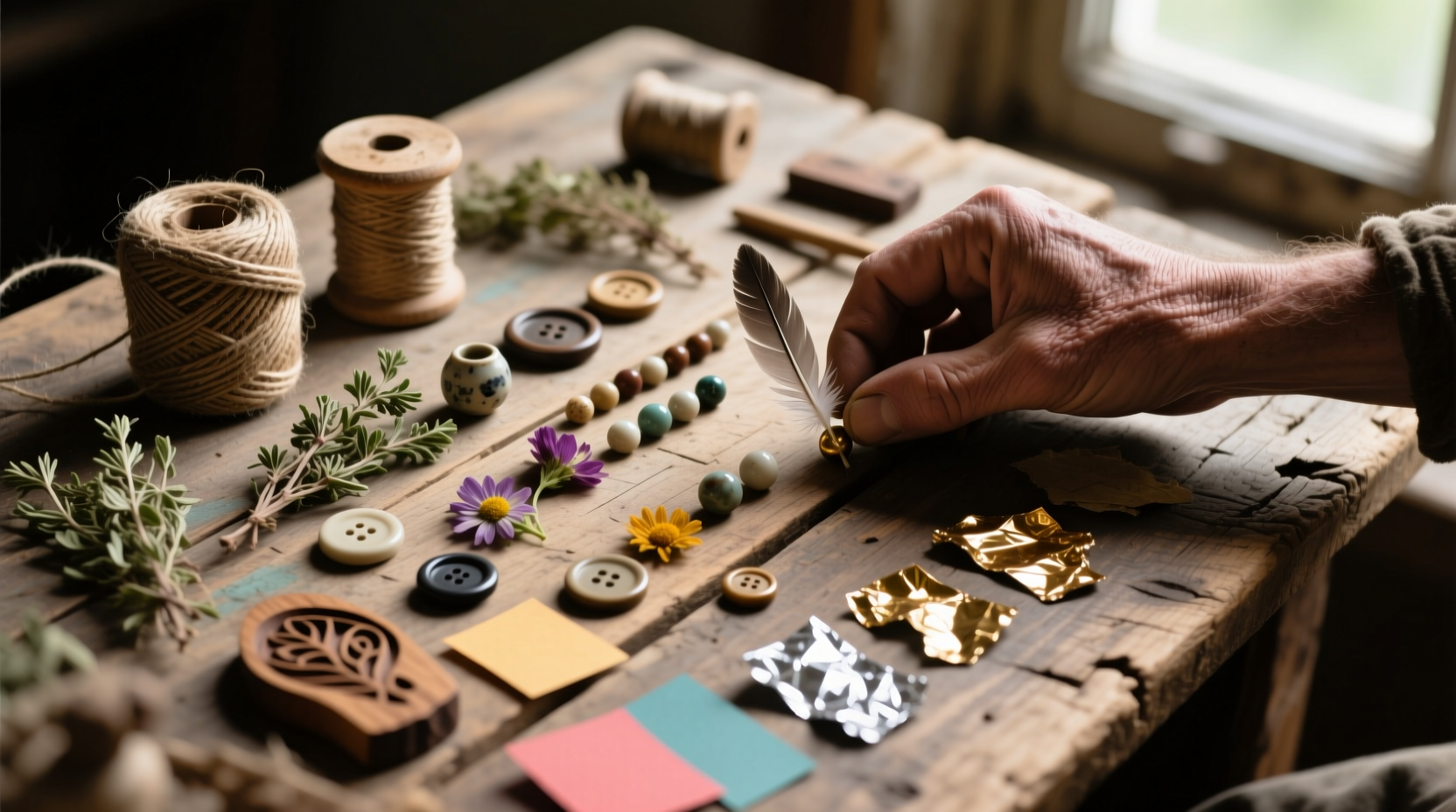 Hand arranging 31 craft challenge materials on rustic surface