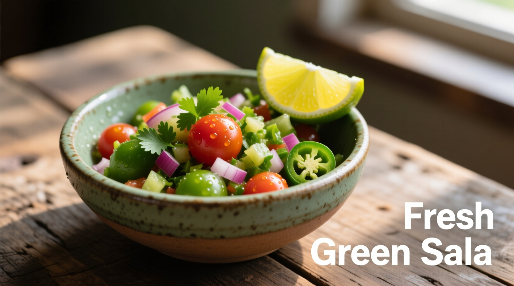 Fresh green tomato salsa in bowl with lime garnish