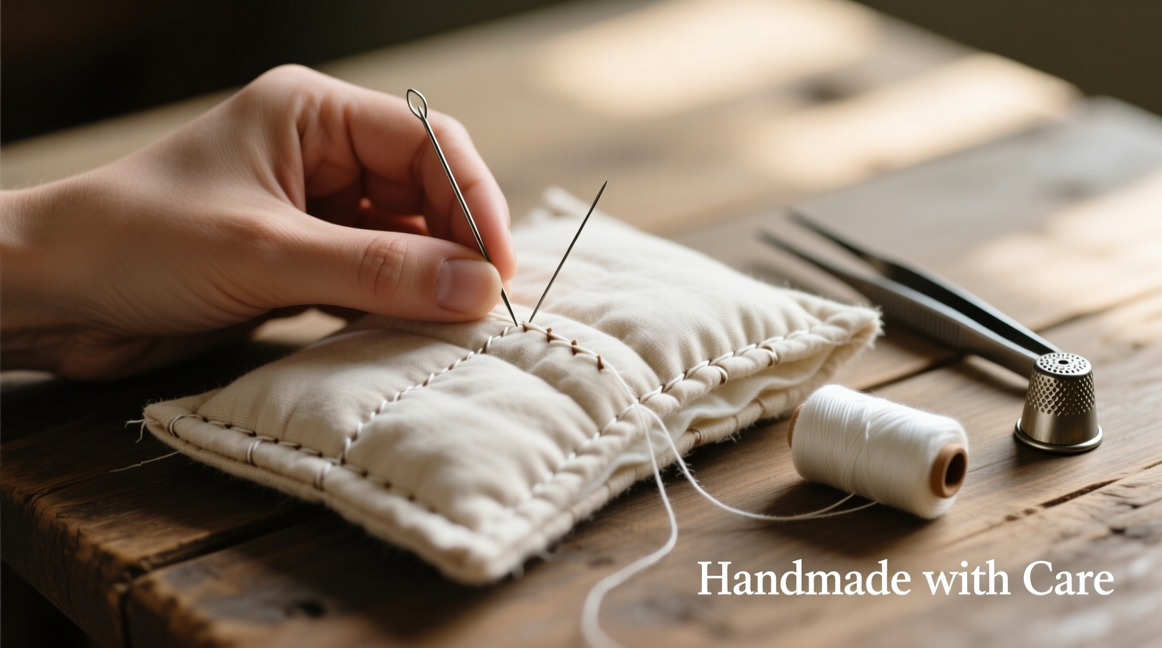 Hand sewing homemade warming pad with cotton fabric