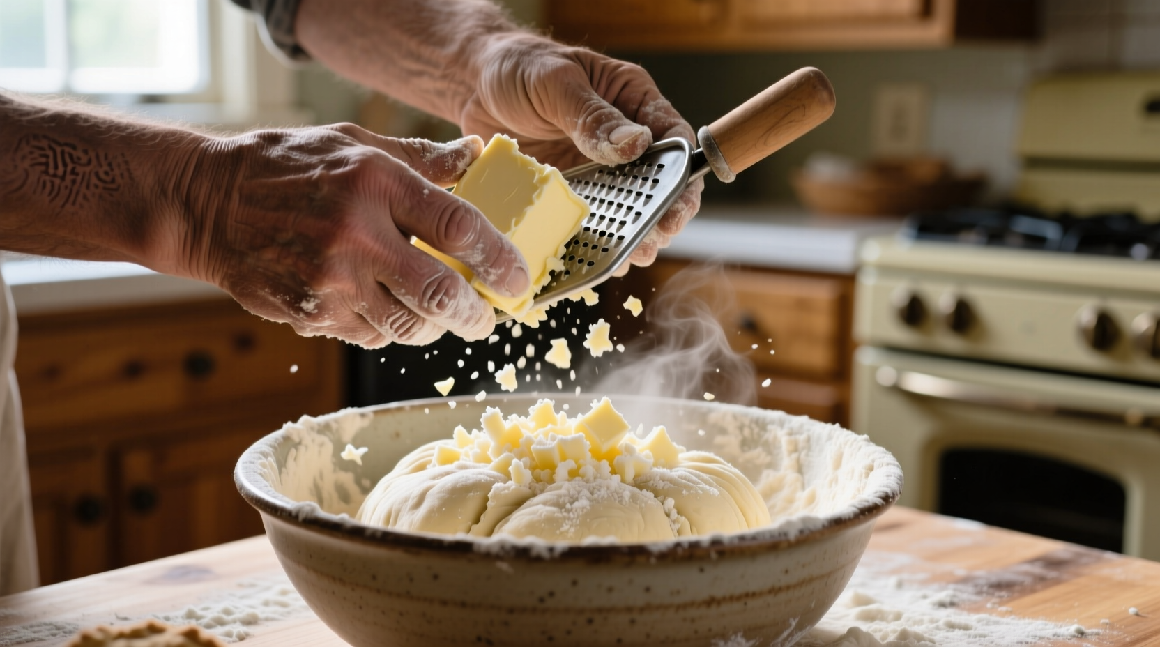 Hands grating frozen butter into biscuit dough