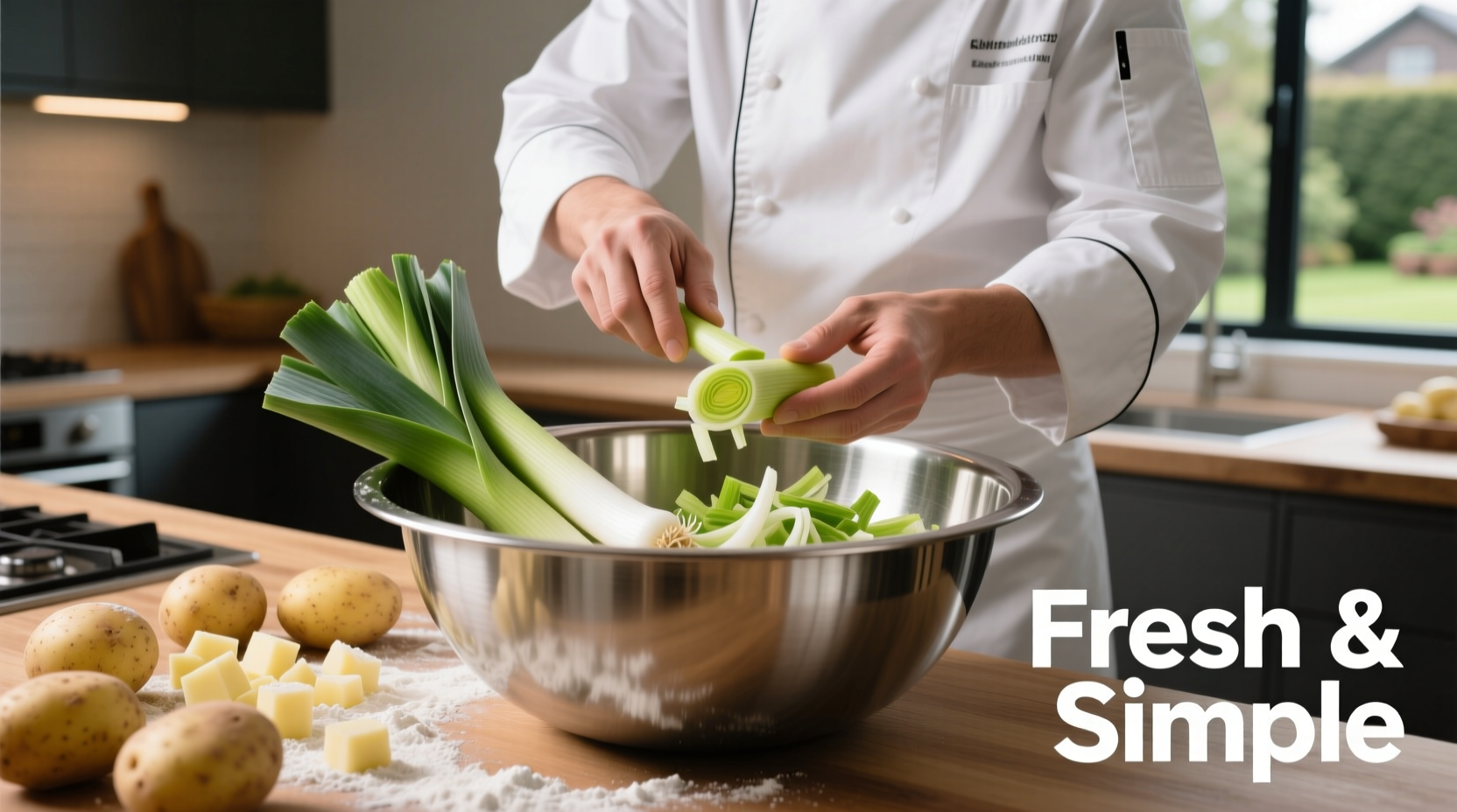 Chef preparing leeks and potatoes in stainless steel bowl