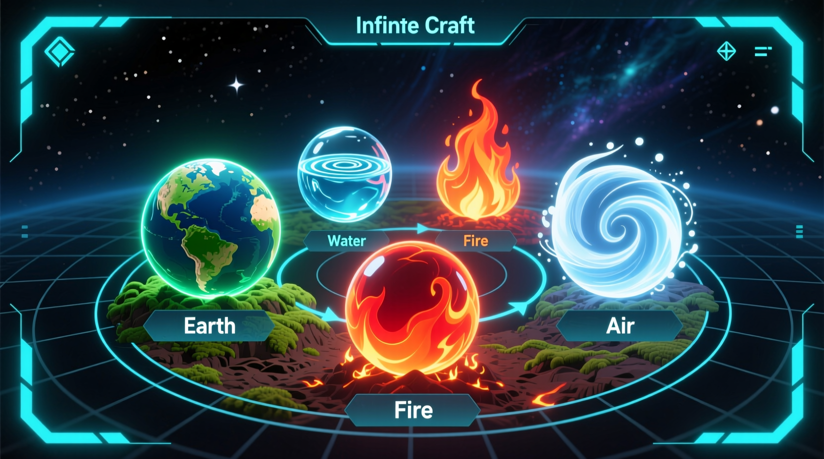 Infinite Craft game interface showing earth water fire air